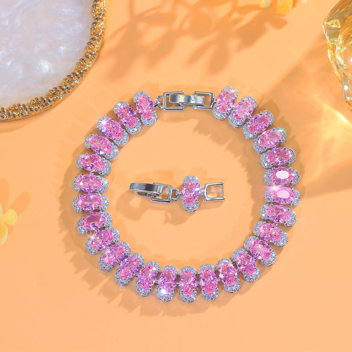 Princess Pink Light Luxury Oval Zircon Bracelet Fashion Temperament Versatile Full Diamond Oval Bracelet Summer Niche Hand Jewelry 2026 18CM