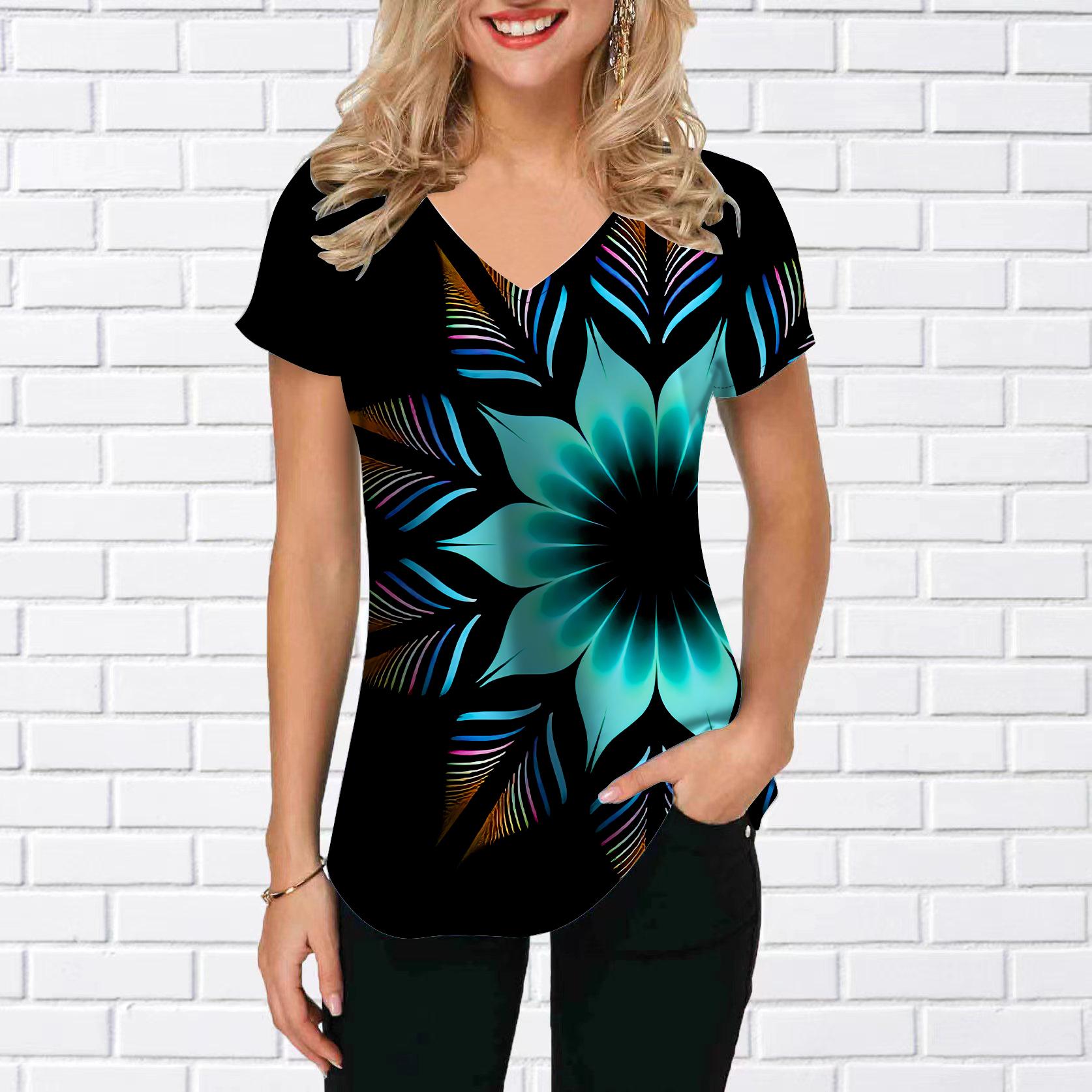 

Жіноча вільна футболка, повсякденна блузка з принтом із колючими квітами та короткими рукавами з V-подібним вирізом XS зелений