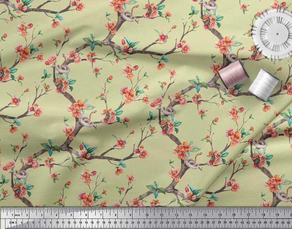 Soimoi Japonská krepová saténová látka Had, listy a květy, květinový potisk v metrech 42 palců