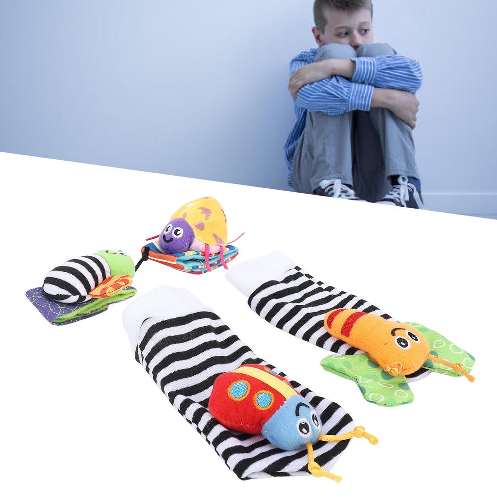 4pcs Wrist Rattle Foot Finder Socks Set for Baby Plush Stuffed Animals Hand Bracelet Rattle Feet Ankle Socks Soft Sensory Toys