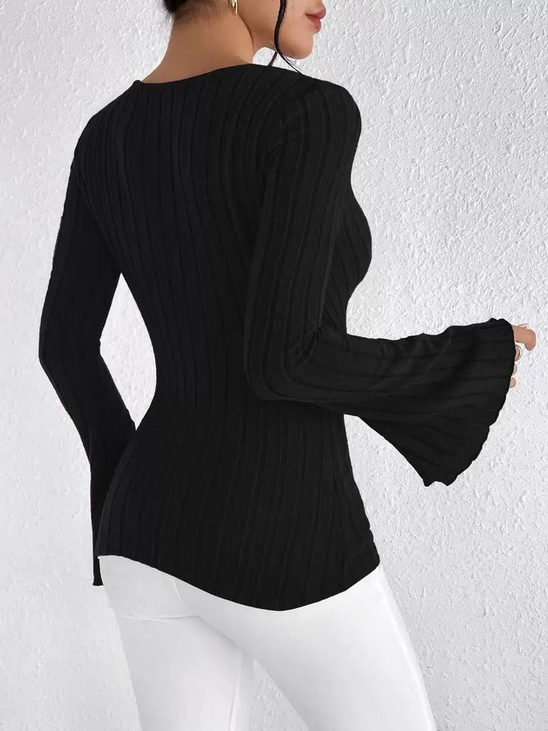 Elegant Women's V-Neck Bell Sleeve Ribbed Knit T-Shirt