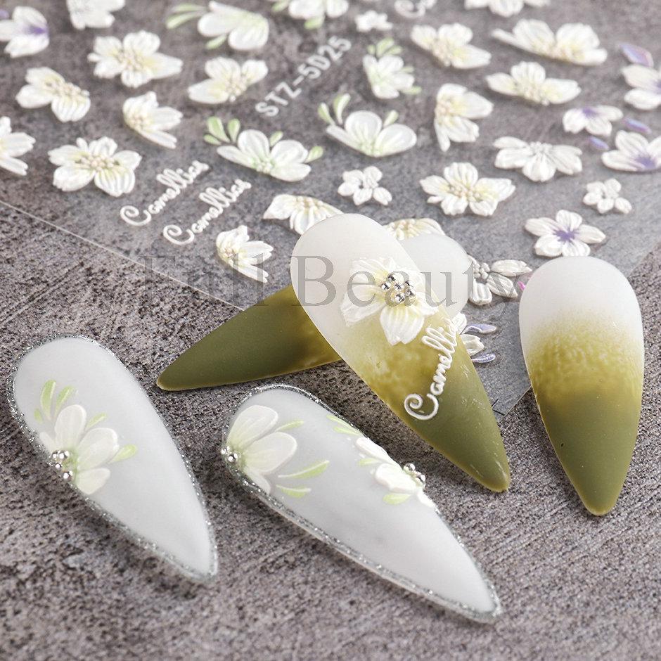 3D Floral Nail Art Stickers: Camellia & Tulip Embossed Adhesive Designs