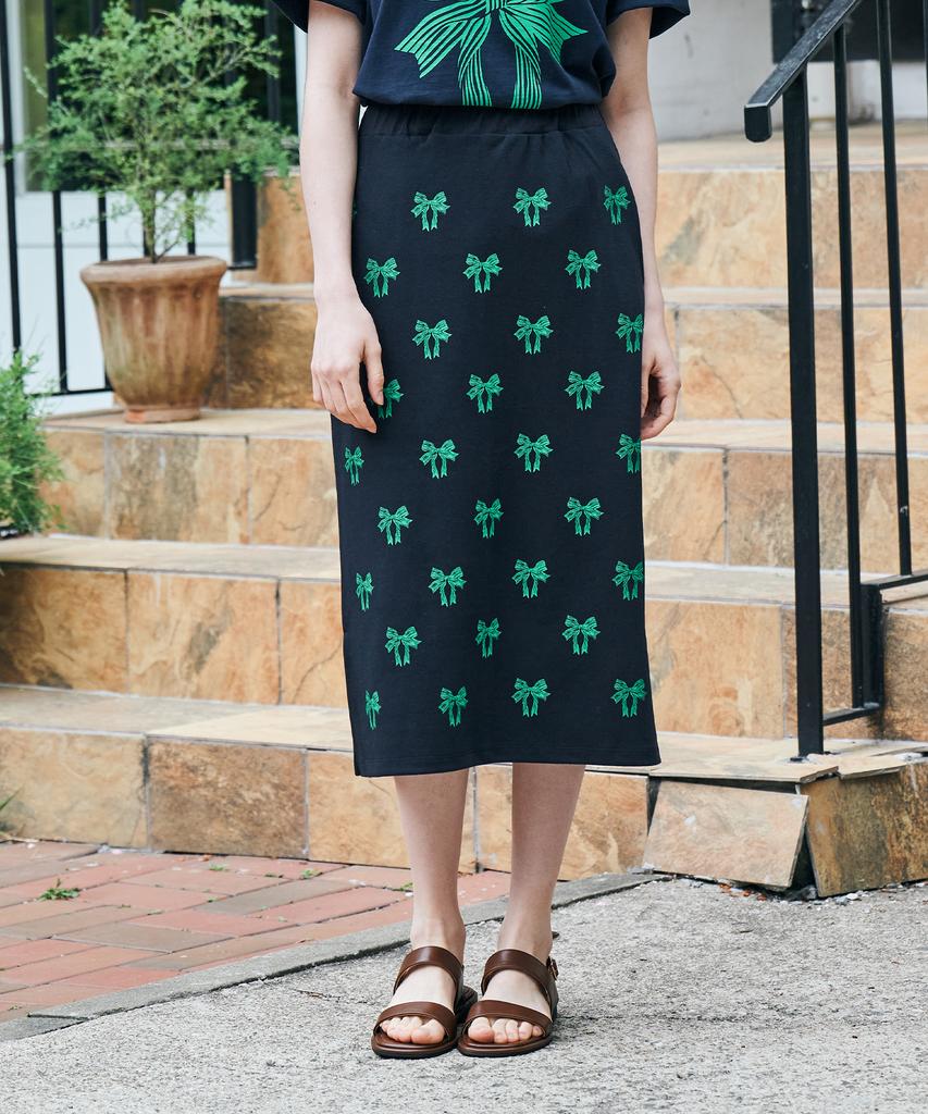 Metapeo Met Ribbon Print Elastic Waist Long Skirt Navy & Green
