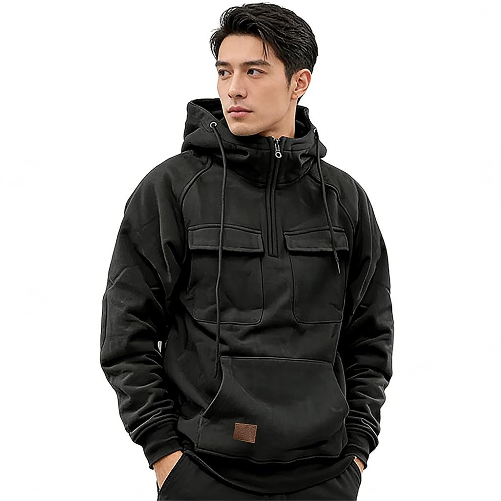 Neue Mode Mit Kapuze Warm Dick Männer Hoodie Locker Mehrere Taschen Einfarbige Langärmel Winter Freizeit Sweatshirt