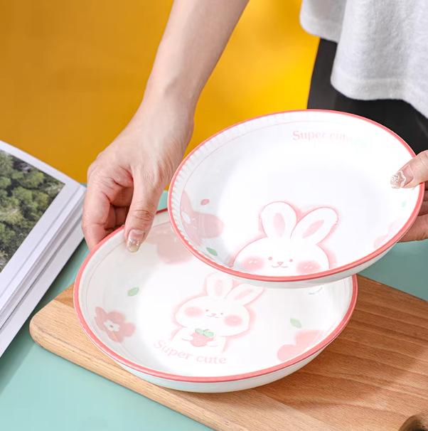 4-Piece Pink Rabbit Ceramic Tableware Set for Couples with Bowls, Plates, and Chopsticks.