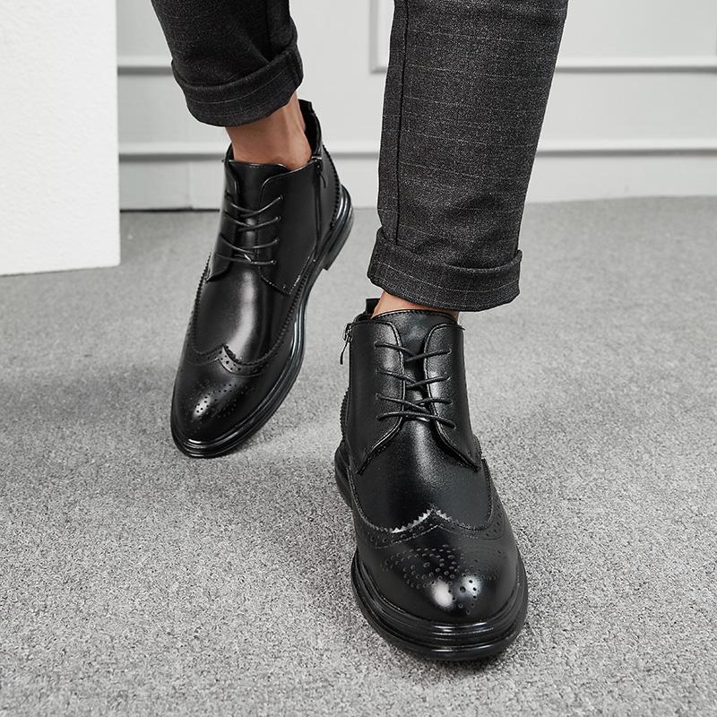 Men Black Ankle Boots Motorcycle Casual Brown Brogues Waterproof Men’s Street Style Boots Wingtip Dress Formal Leather Boots