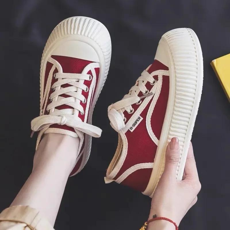 

Fashion Summer Thin Red Canvas Shoes Women s Thick Bottom Style Casual Board Shoes Sports Sneakers Vulcanize Shoe Upper Material 40 красный