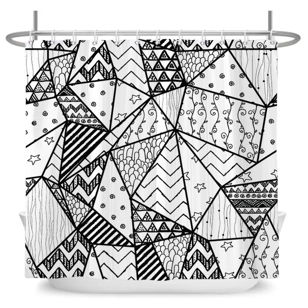 Art Boho Shower Curtain with Hooks Bohemian Bath Curtain Polyester Fabric Black and White Minimalist style Bathroom Curtains