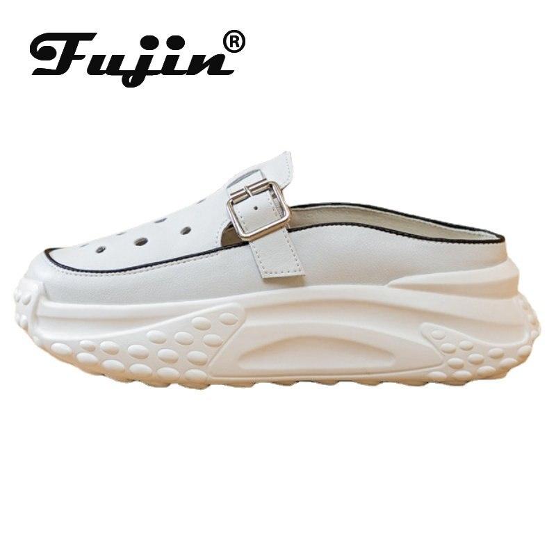 

Fujin 6 см из натуральной коровьей кожи на танкетке, повседневные массивные кроссовки, женские летние полые женские туфли без каблуков, сандалии, тапочки 33 белый
