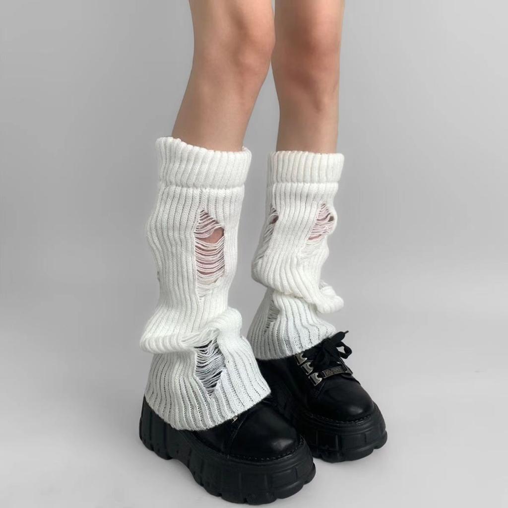 Japanese Style Autumn Winter Warm Spice Girl Subculture Ripped Knitted Y2K White Calf Slouchy Mid-calf Leg Warmers for Women