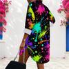 Women Plus Size Collared Long Sleeve Button Front Colorful Splash Printed Curved Hem Shirt Dress
