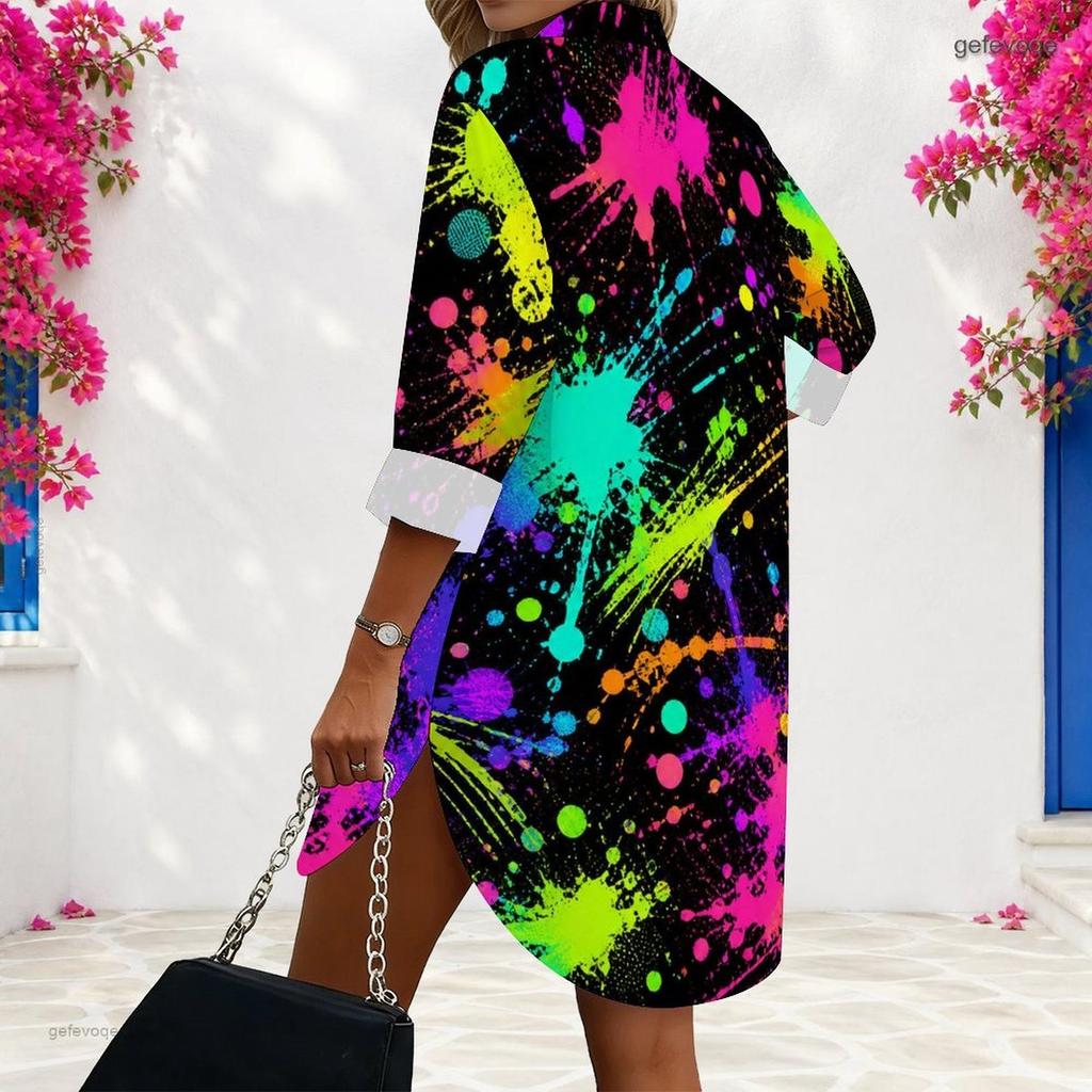 Women Plus Size Collared Long Sleeve Button Front Colorful Splash Printed Curved Hem Shirt Dress