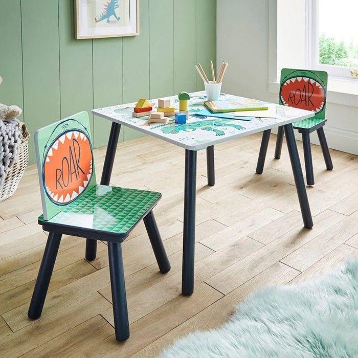 GINGER HOME Table Enfant avec 2 Chaises – Bois, Design DINOSAURE, Sécurité &amp; Apprentissage
