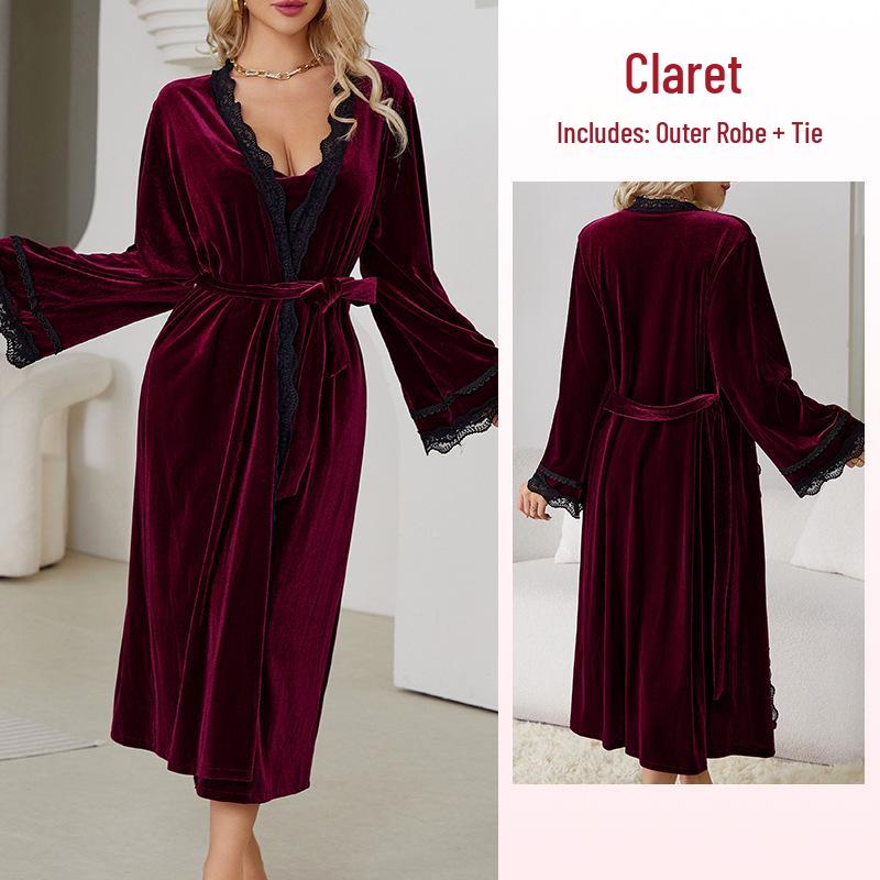 Fiyun Elegant Velvet Nightgown with Sexy Slit and Backless Design - European & American Style Home Set 651