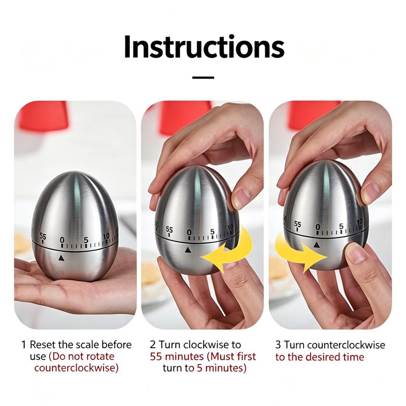 Stainless Steel Kitchen Timer Egg Shaped Mechanical Timer Reminder 60 Minute Countdown with Alarm Cooking Baking Tools3