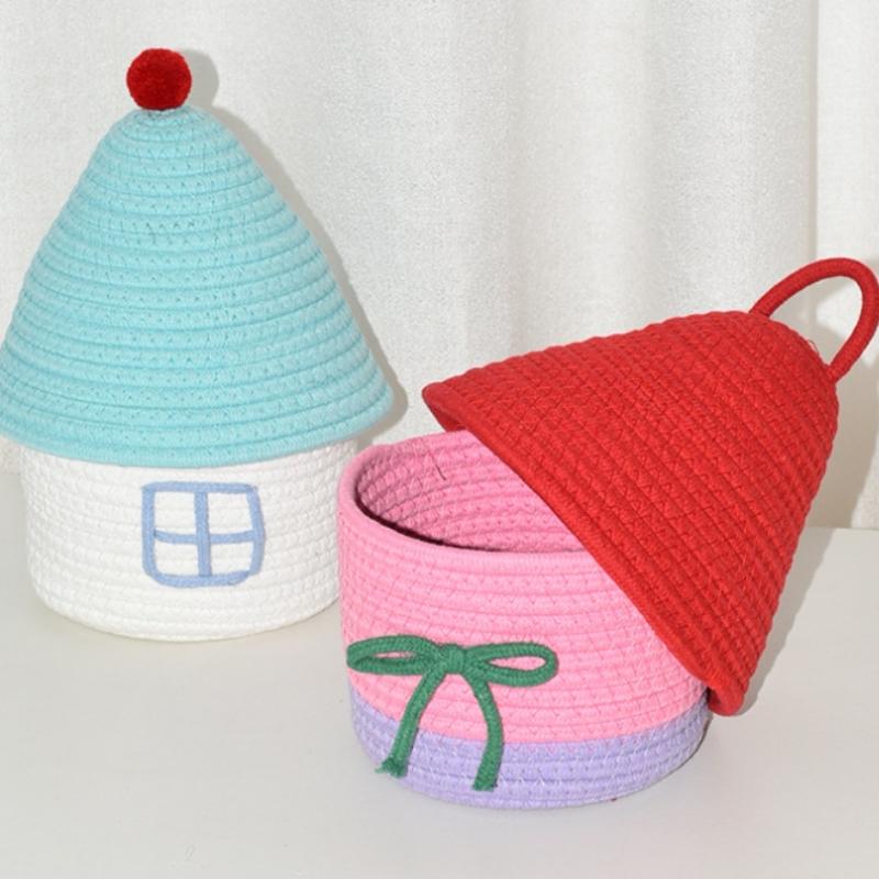 Cute covered small house with cotton thread storage basket, home miscellaneous storage box, desktop coffee table storage basket