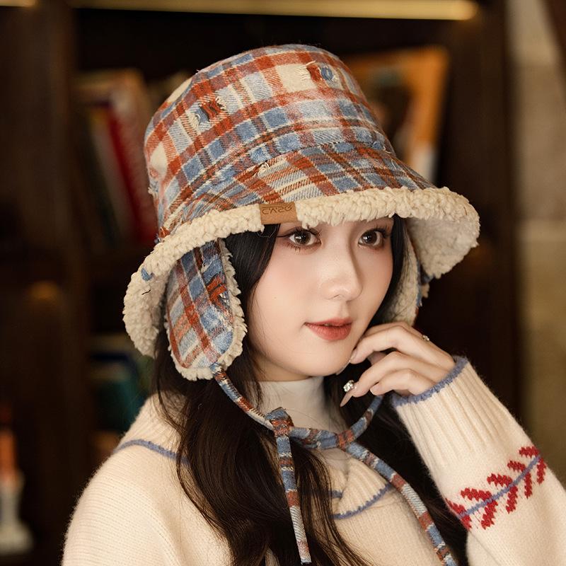 Vintage versatile plaid bucket hat autumn and winter hat women's velvet thermos basin hat big brim ear hat