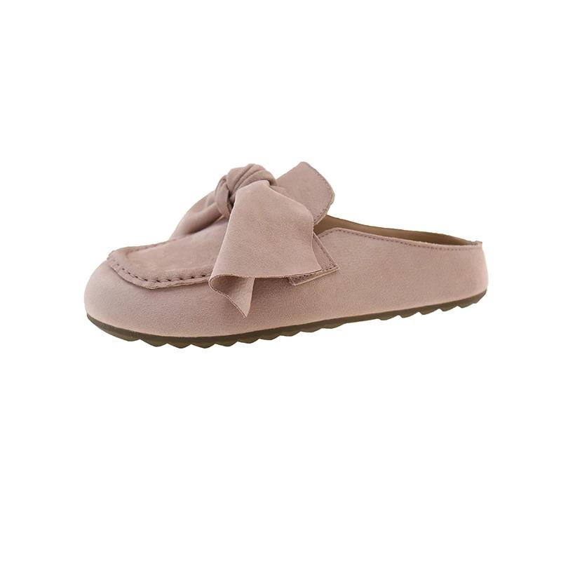 Retro Women's Slippers Bow Flat Sole Round Toe Cow Suede Women's Mules Dress Leisure Comfortable Inner Roman Zapatillas De Mujer