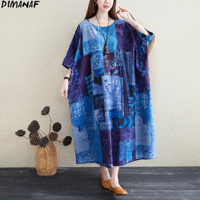 DIMANAF 2023 Plus Size Dámske šaty Obliečky Potlač kvetov Plážová dovolenka Letné slnečné šaty Maxi šaty Voľný dizajn Modré dlhé šaty 5XL