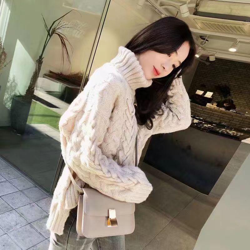 

Пуловер с подкладкой из трикотажа, свитер с высоким воротом, женская верхняя одежда, осенне-зимний пуловер, свитер, свободный женский свитер с длинными рукавами One Size бежевый