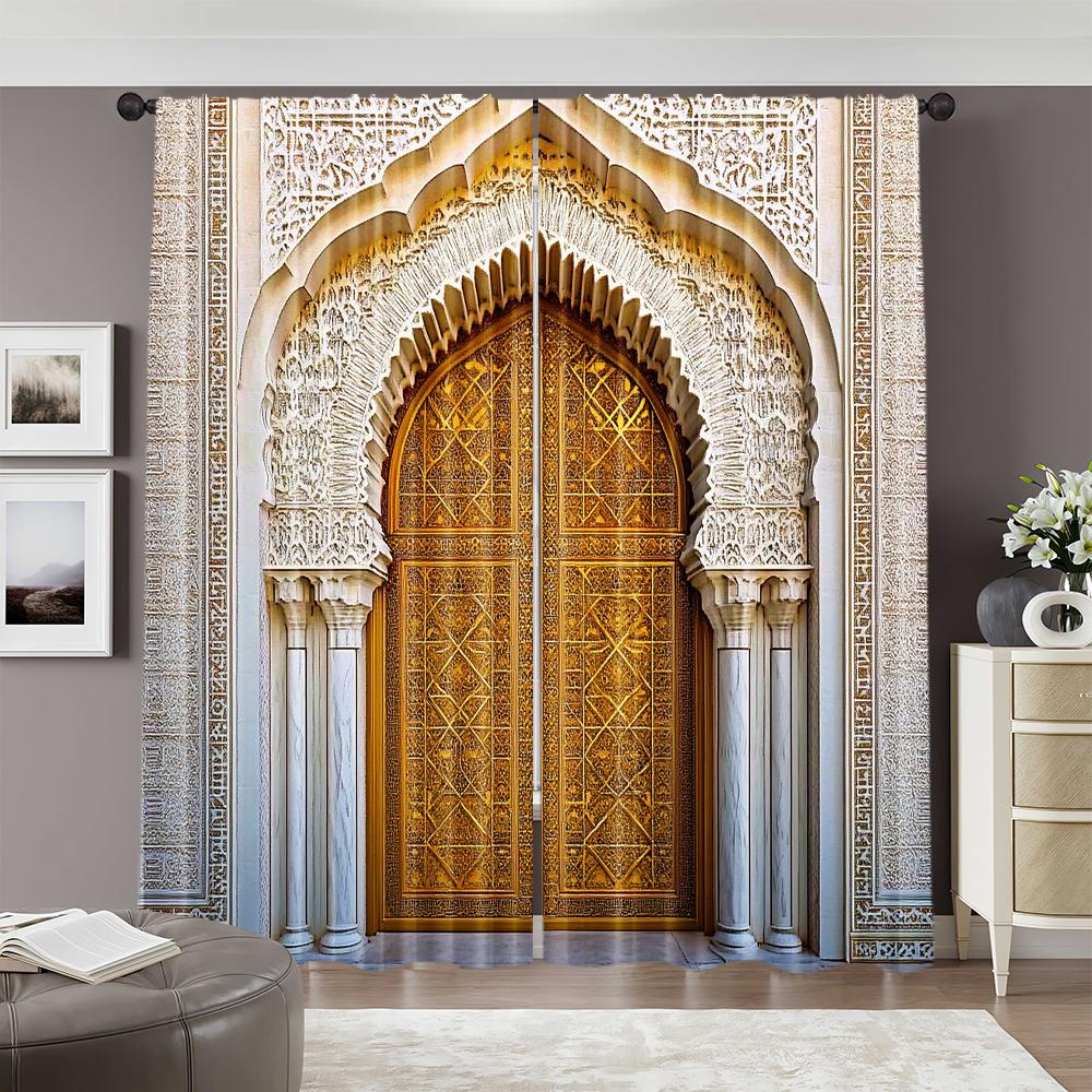 2pcs   Spring Summer Curtains Middle Eastern Style Architecture   Moroccan Palace Gate Yarn Curtains Durable 100% Polyester Fabric