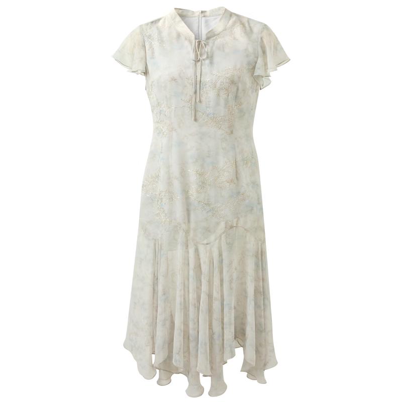 New Chinese Style Embroidered Chiffon Midi Dress M