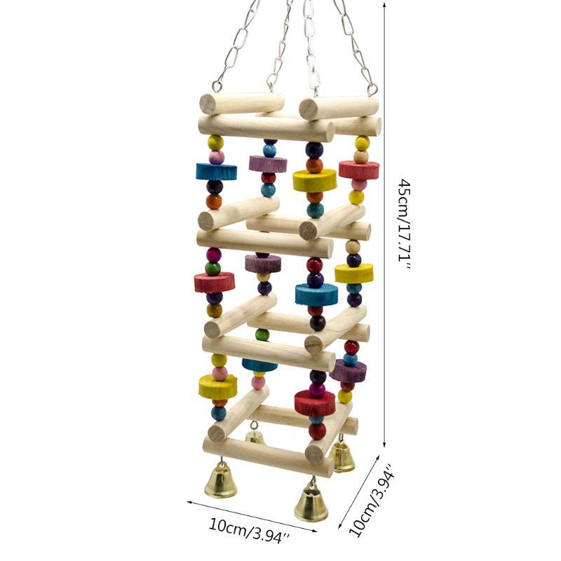 Colorful Wooden Bird Parrot Swing Ladder Toy with Bell Hanging Chewing Climbing Stand Perch Bite Block - Pet Playground