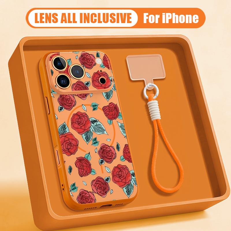 Little Flower Pattern Magnetic Lanyard Phone Case For iPhone 17 Pro Max 16 15 14 13 Pro Max For Magsafe Shockproof Hard PC Cover