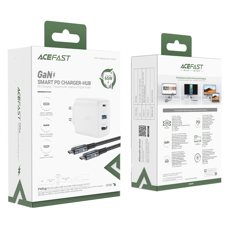 Acefast 2W1 Ładowarka Sieciowa Gan 65W Usb Typ C / Usb, Adapter Przejściówka Hdmi 4K@60Hz (Zestaw Z Kablem) Biały (A17 White)