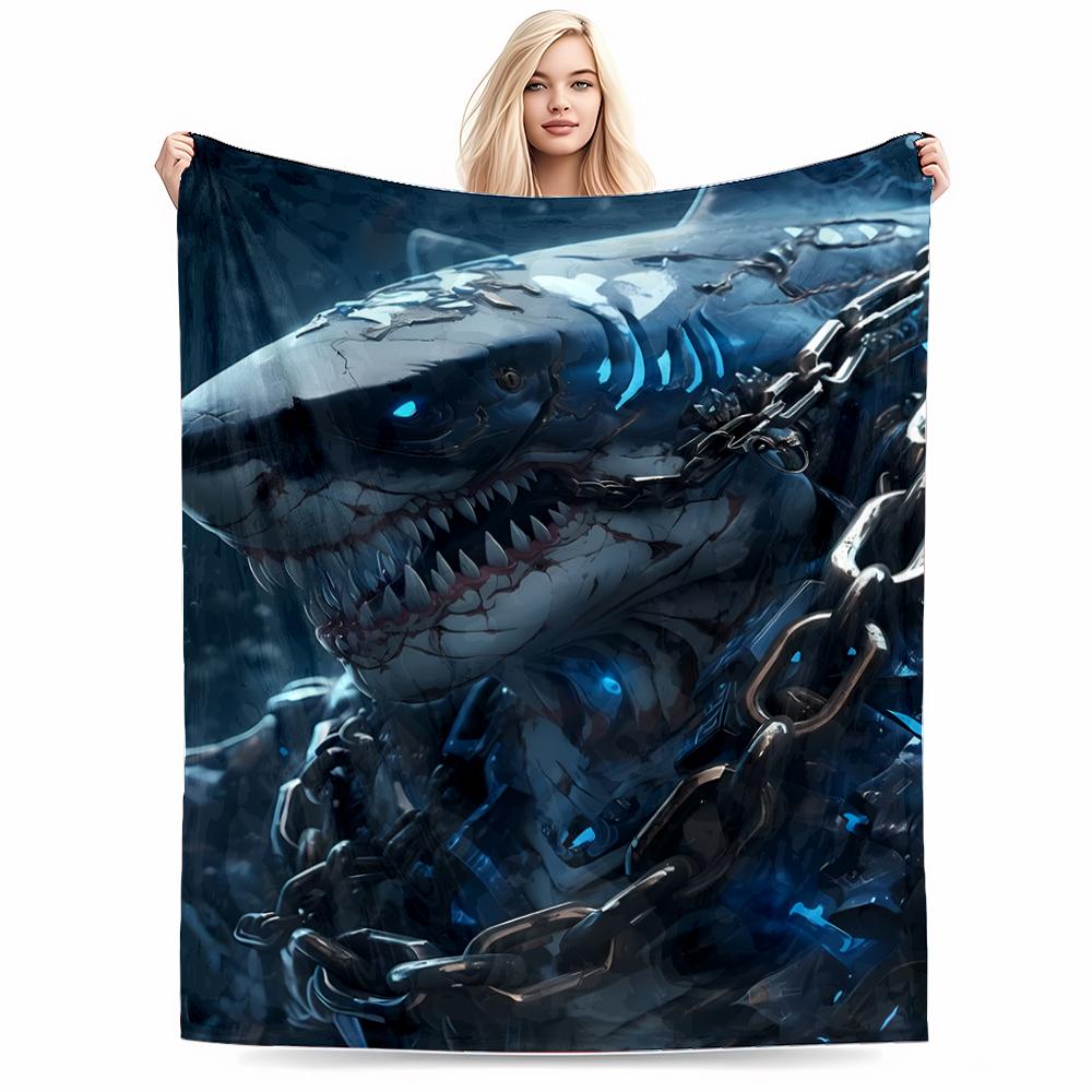 Futuristic Cyborg Shark with Chains DesignFlannel Blanket for Bedroom, Living Room, Sofa, and Nap