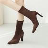 Botines de Invierno Aneikeh Punta Fina Tacón Grueso Tipo Calcetín Flock Botas para Mujer Zapatos Femeninos Sexy Tallas Grandes 34-42