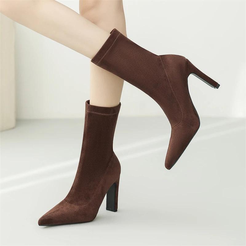 Botines de Invierno Aneikeh Punta Fina Tacón Grueso Tipo Calcetín Flock Botas para Mujer Zapatos Femeninos Sexy Tallas Grandes 34-42