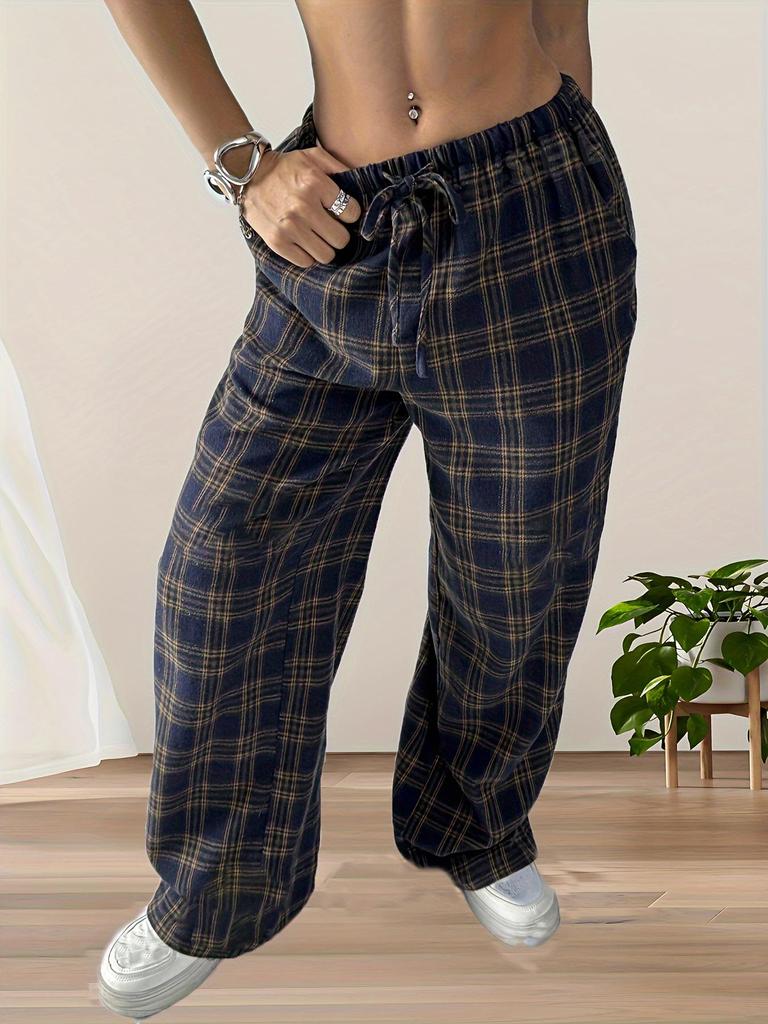 2024 Autumn/Winter Women's High-Waisted Plaid Wide-Leg Pants - Perfect for Back-to-School, Christmas, and Daily Wear