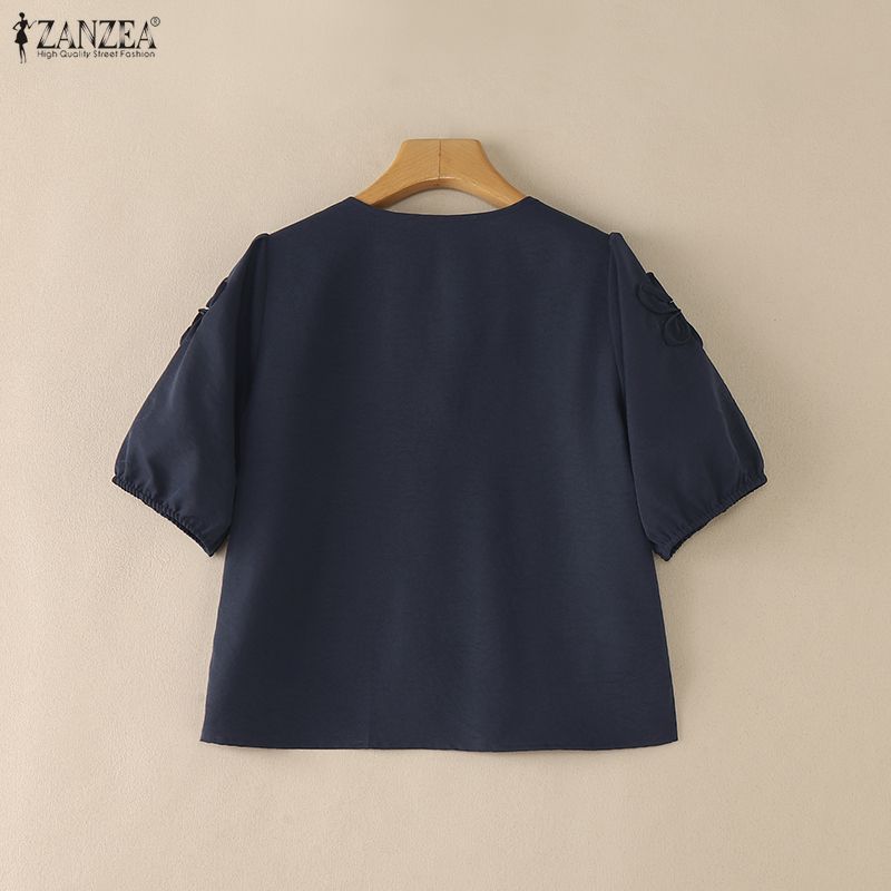 ZANZEA Women Casual Round Neck Solid Color Loose Half Sleeve Blouse