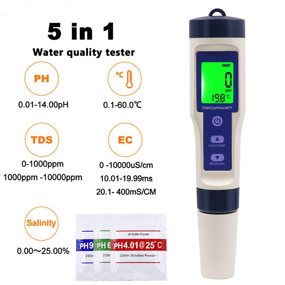 5 In 1 Digital Water Quality Monitor Tester Tds/ec/ph/salinity/temperature Meter For Swimming Pool Drinking Water Aquarium