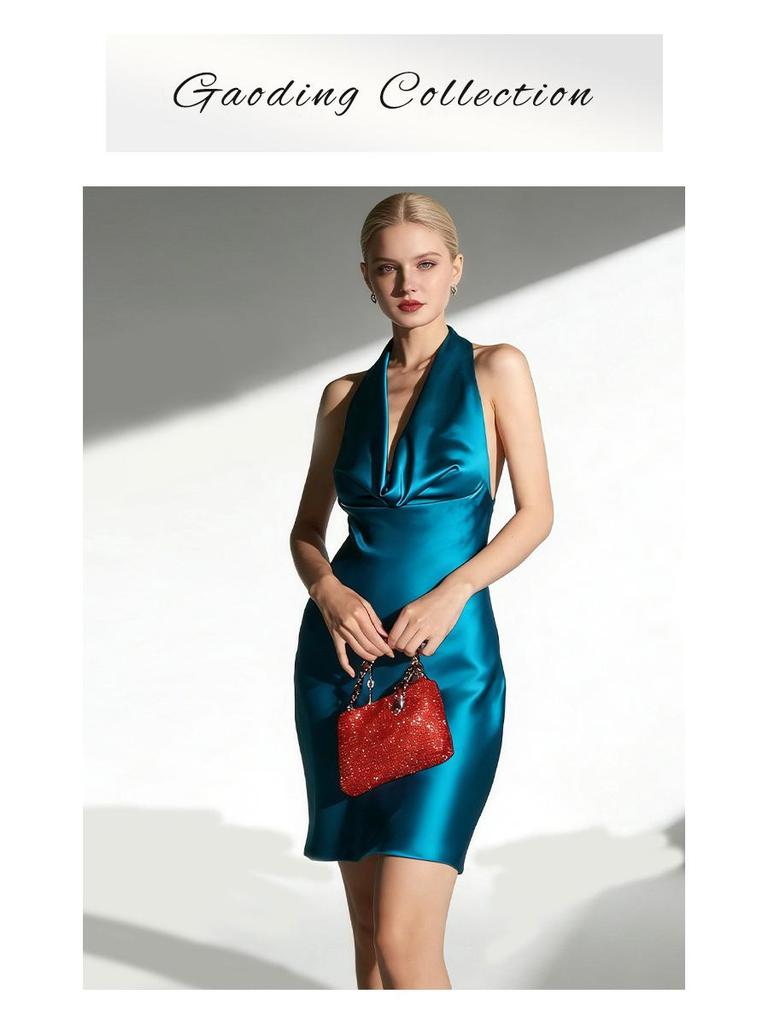 French Luxury Haute Couture Acetate Satin Halter Neck Backless Dress for Vacation, Birthday, or Evening Party Events.