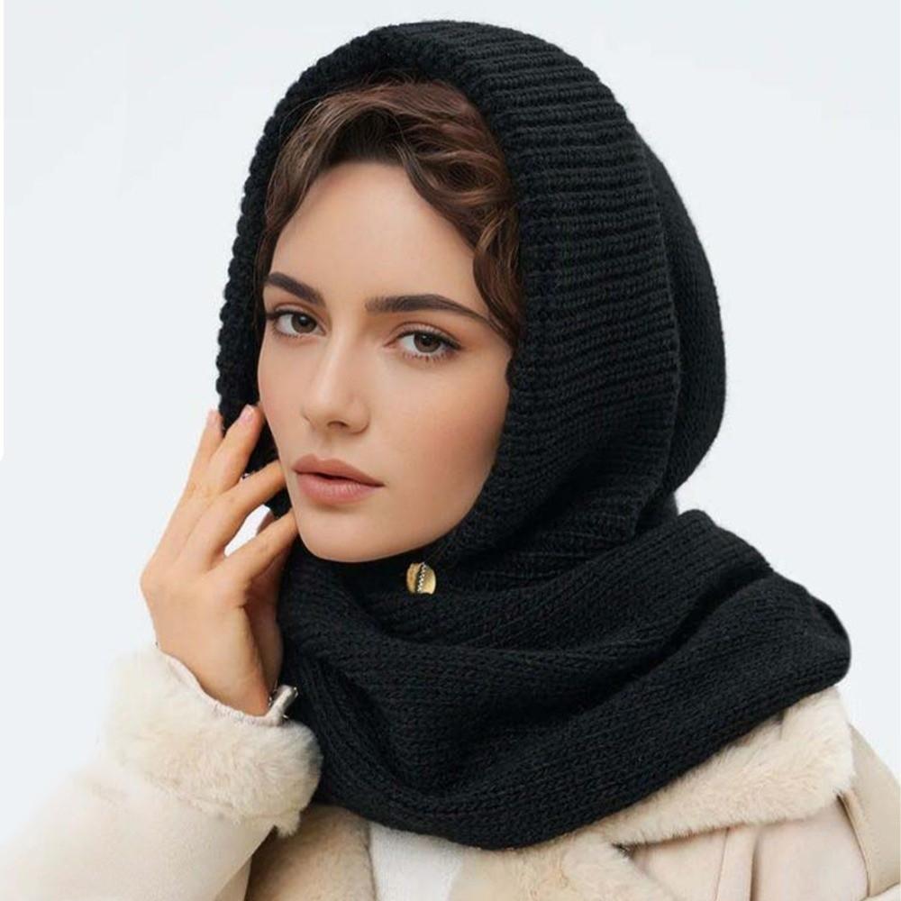 2 In 1 Knitted Hooded Scarf Solid Color Winter Crochet Beanie Hat New Neck Collar Hat  for Women