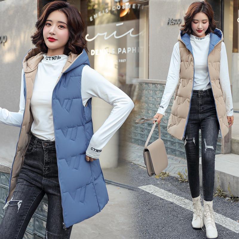 New Fashion Thickened Slim-fit Hooded Vest Warm Cotton Autumn and Winter Women's Skinny Vest Double-sided Jacket