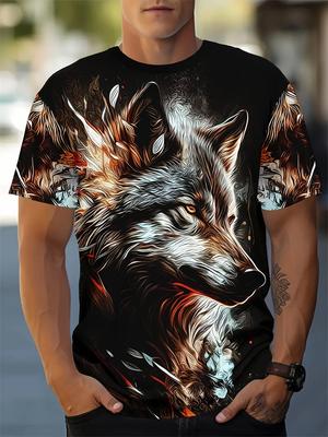 Men's Black Wolf Fire Print T-Shirt 3D Animal Graphic Crew Neck Short Sleeve Cool Streetwear Breathable Tee Tops