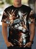 Men's Black Wolf Fire Print T-Shirt 3D Animal Graphic Crew Neck Short Sleeve Cool Streetwear Breathable Tee Tops