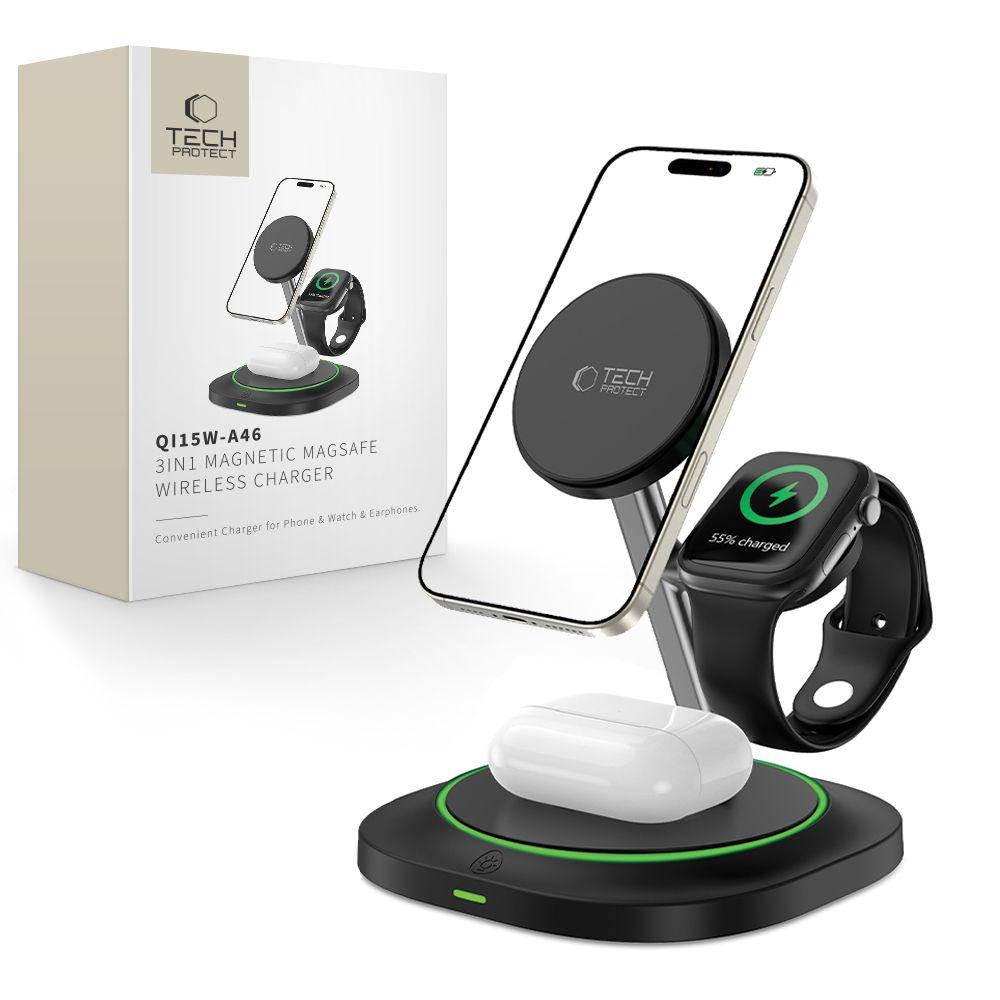 Tech-Protect Qi15W-A46 3In1 Magnetic Magsafe Wireless Charger Black