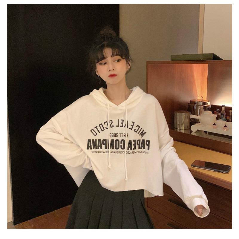 

Тонкий простой свитшот для женщин, осенний новый корейский стиль, принт с буквами, студенческая короткая куртка с капюшоном, тренд XL