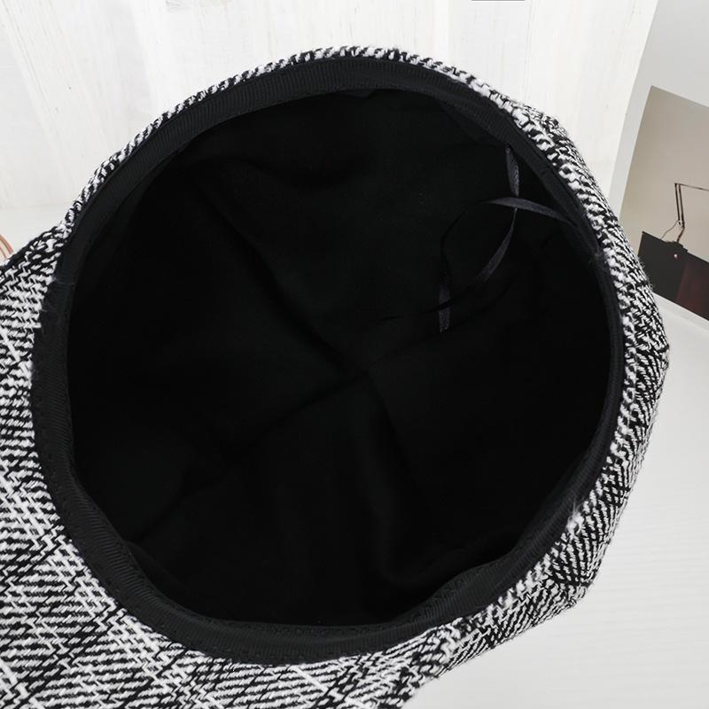 Black and White Cotton New Face-showing Plaid Striped Octagonal Beret Dome Fashionable Women's Hat Brim Strap