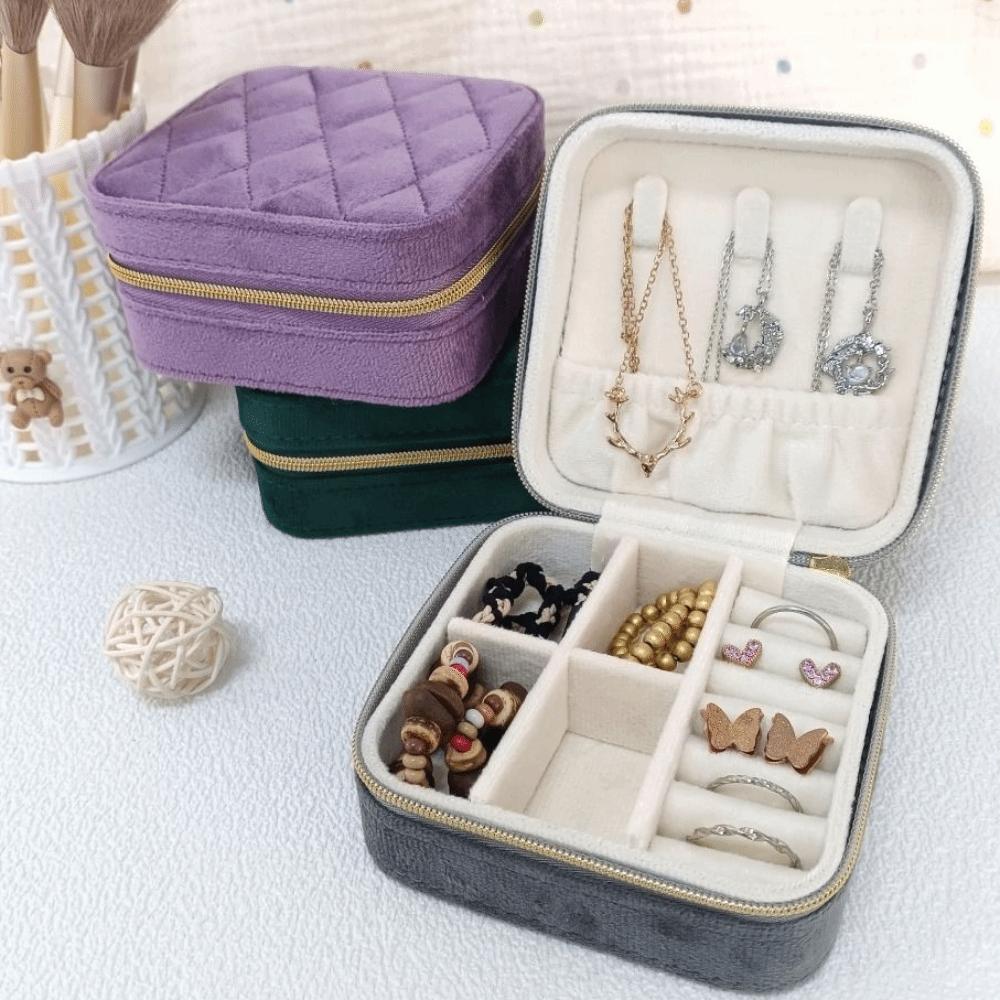 Rhombus Pattern Portable Velvet Jewelry Box Zipper Closure Velvet Jewelry Organizer Travel Jewelry Box Travel Use