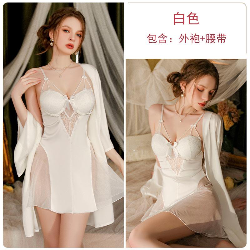 Women's French Style Silky Underwire Push Up Padded Cami Sleep Dress with Robe Set