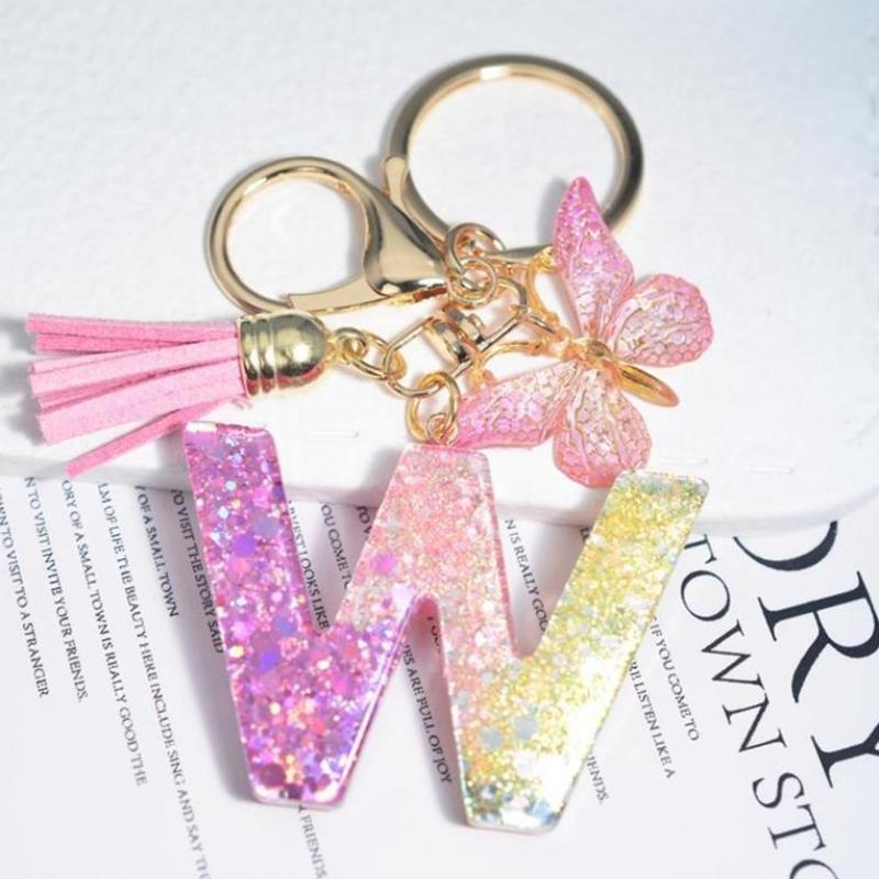 Fashion 26 English A-Z Initial Letter Resin Keychain Cute Butterfly Tassel Keyring Backpack Charm Pendent Accessories Gift