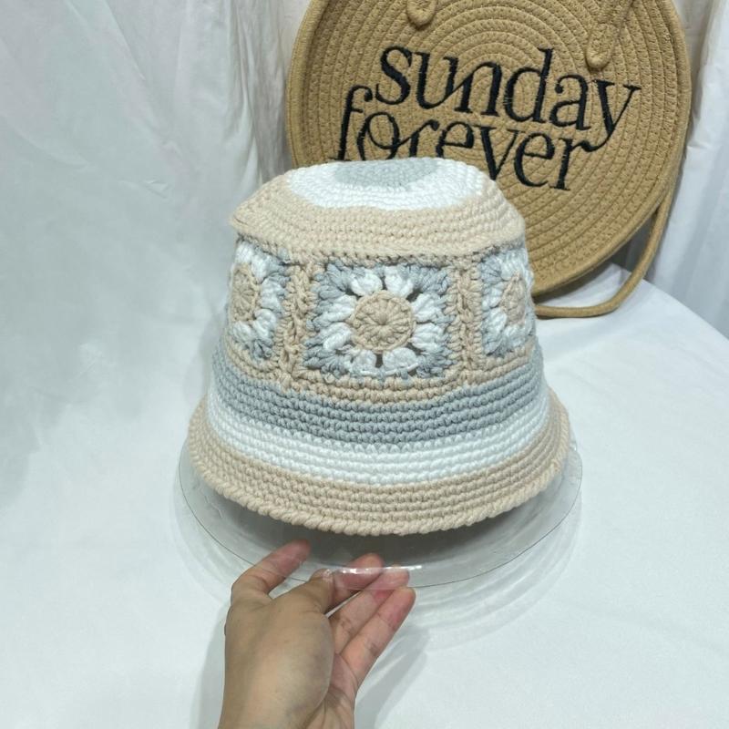 Sweet Girl Crochet Bucket Hat Cute Ladies Fisherman Cap with Flower Pattern Woman Teenagers Casual Summer Sunproof Hat