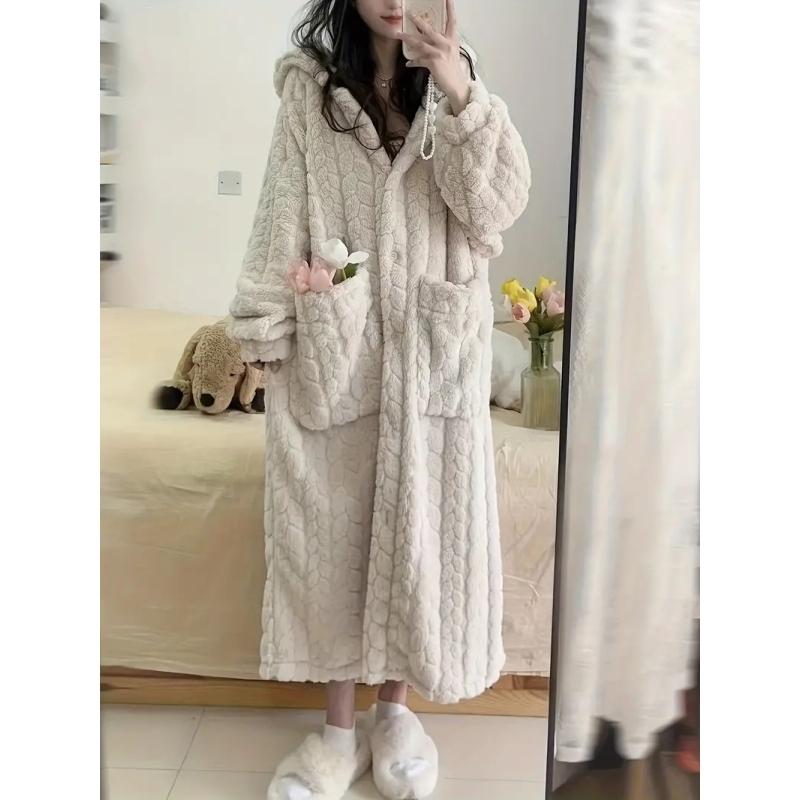 Fall And Winter Casual Solid Jacquard Wool Padded Robe, Long Sleeve Hooded Buttoned Robe With Pockets, Women's Pajamas And Dresses