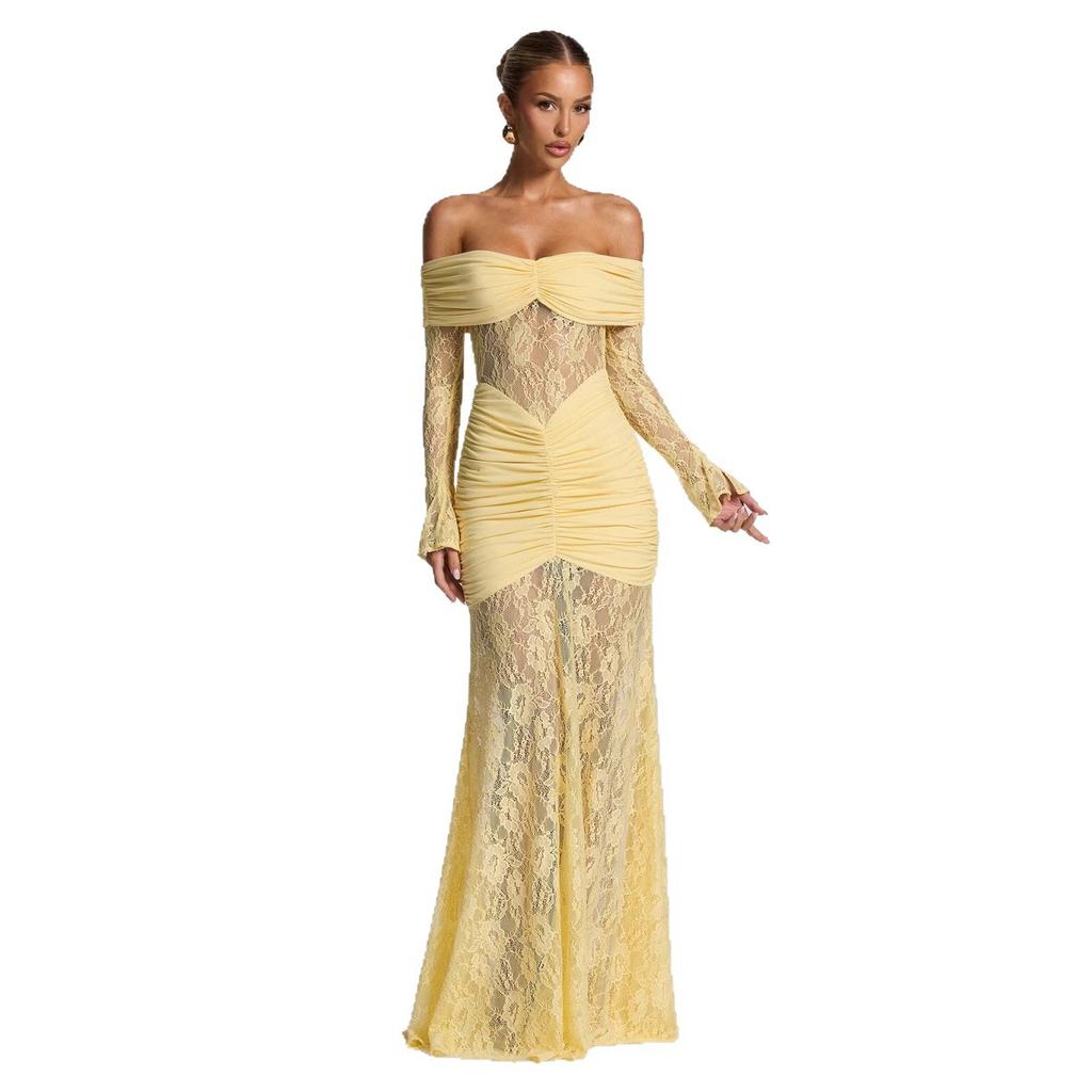 European and American autumn temperament perspective lace long fashionable and sexy sleeveless backless slim dress batch