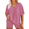 Women's Loose Fashion Solid Color Split V-Neck Short Sleeve Top Shorts Two Piece Set